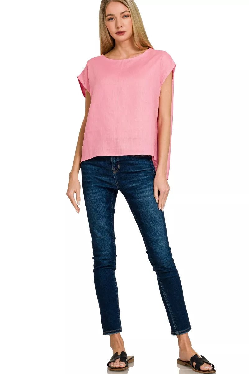Women's Linen Round Neck Cap Sleeve Top - 