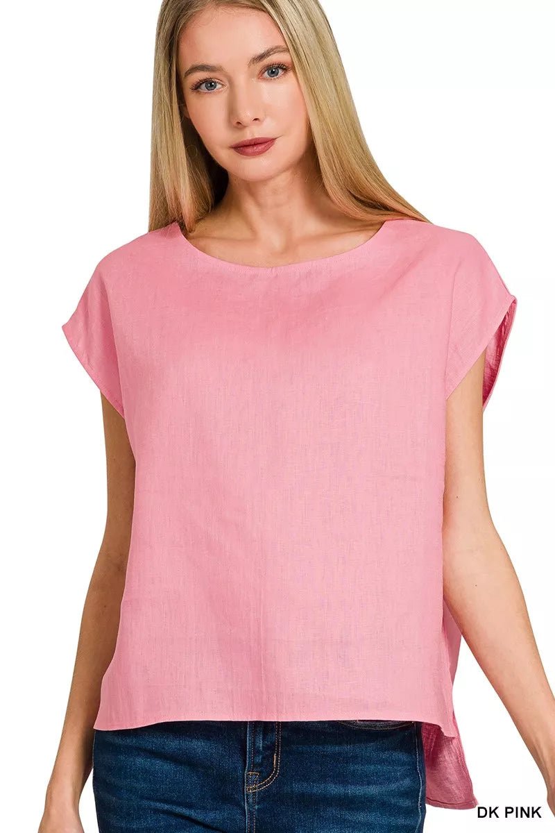 Women's Linen Round Neck Cap Sleeve Top - 