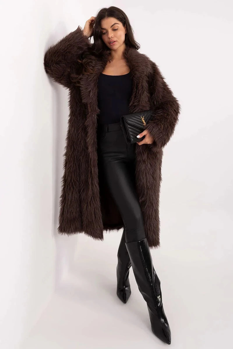 Women's Long Polyester Fur Coat - 