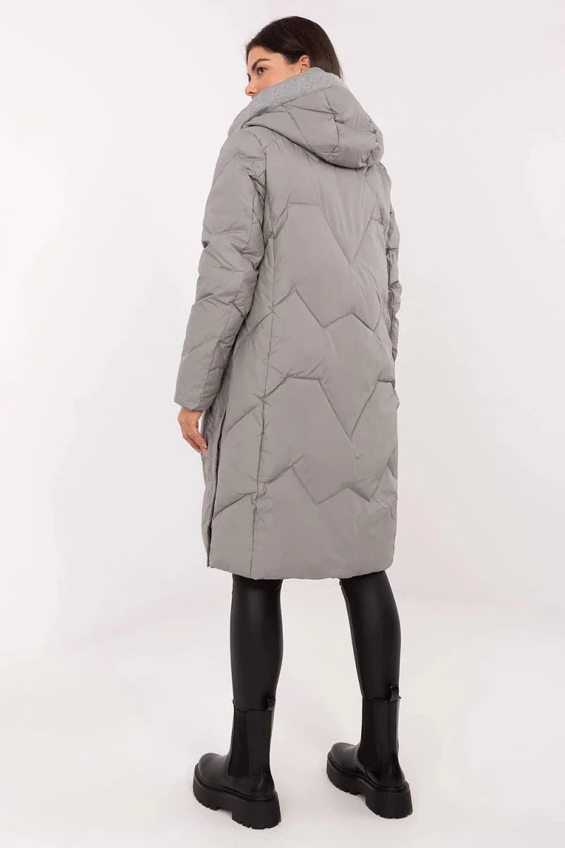 Women's Long Quilted Down Jacket with Hood - 