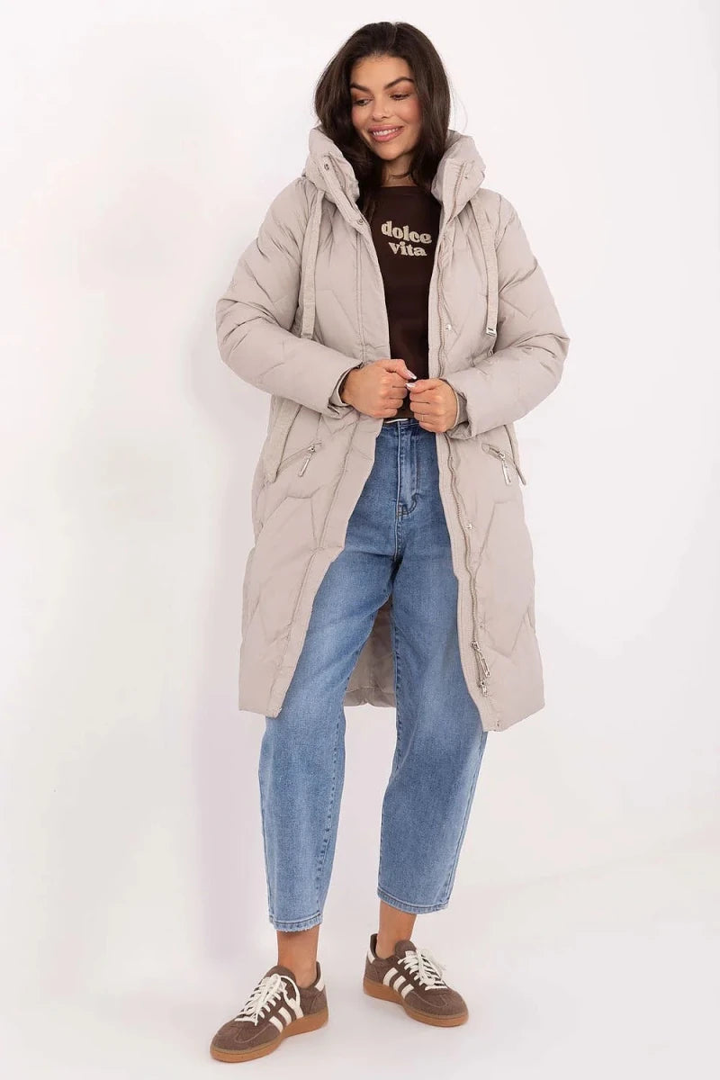 Women's Long Quilted Down Jacket with Hood - 