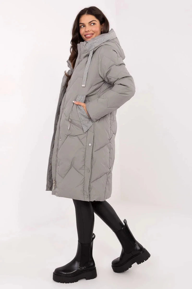 Women's Long Quilted Down Jacket with Hood - 