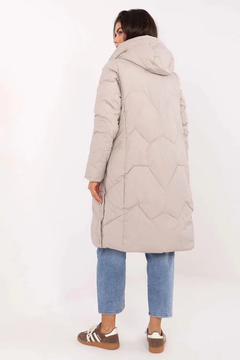 Women's Long Quilted Down Jacket with Hood - 