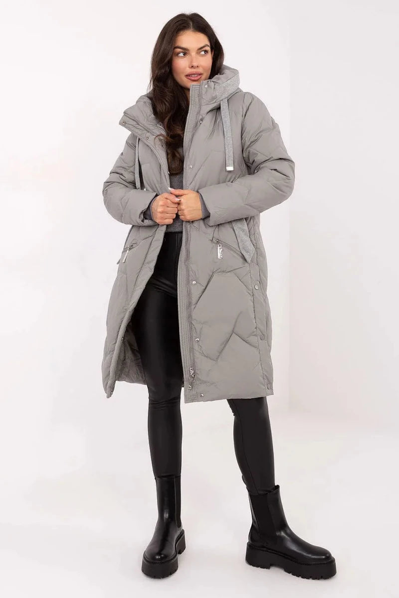 Women's Long Quilted Down Jacket with Hood - 