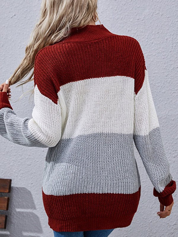 Women's Long Sleeve Colorblock Mid Length Sweater Casual - Outerwear