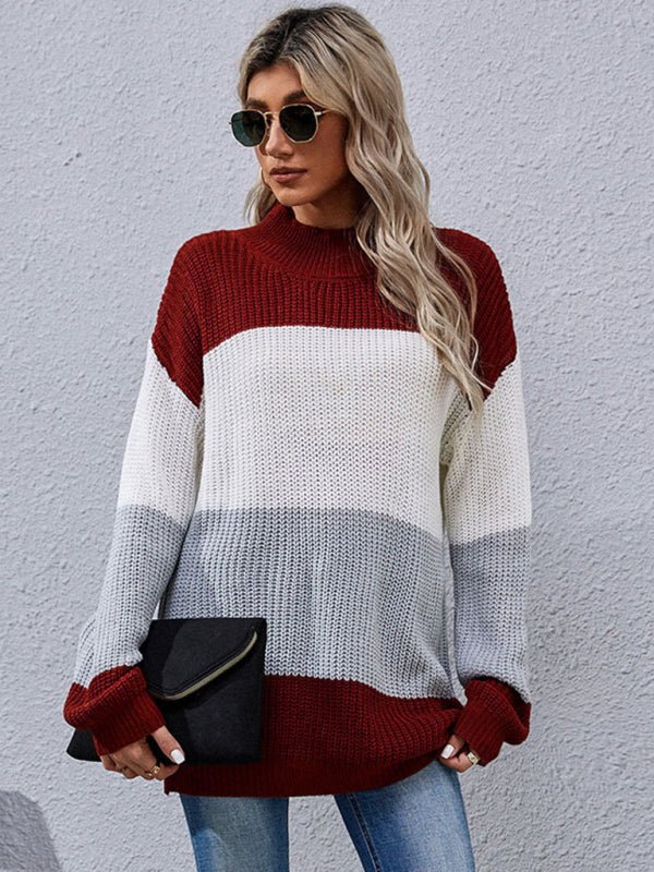 Women's Long Sleeve Colorblock Mid Length Sweater Casual - Outerwear