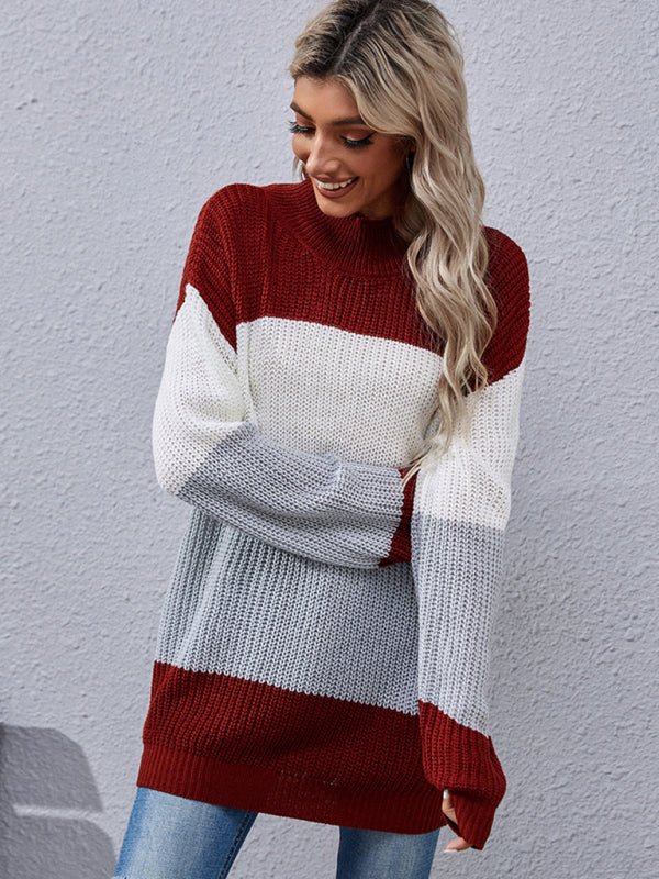 Women's Long Sleeve Colorblock Mid Length Sweater Casual - Outerwear