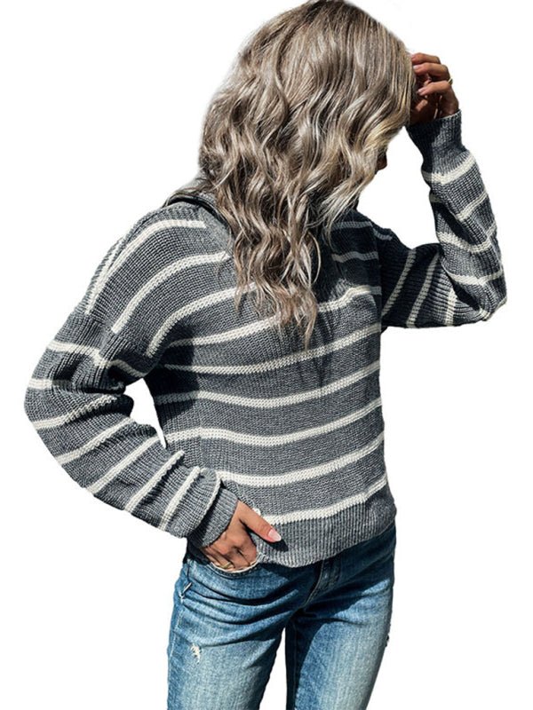 Women's Long Sleeve Lapel Striped Sweater - Outerwear