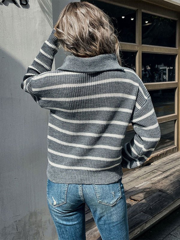 Women's Long Sleeve Lapel Striped Sweater - Outerwear