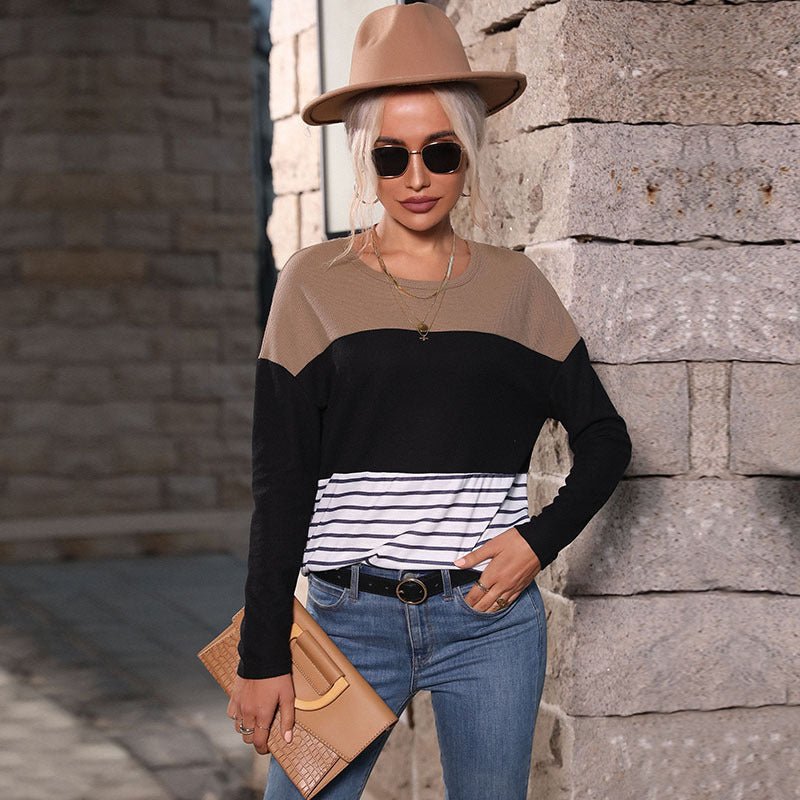 Women's Long Sleeve Panelled Loose Striped Knit Sweater - Outerwear