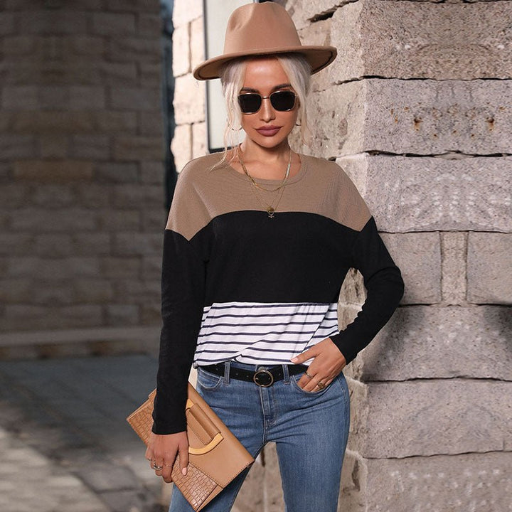 Women's Long Sleeve Panelled Loose Striped Knit Sweater - Outerwear