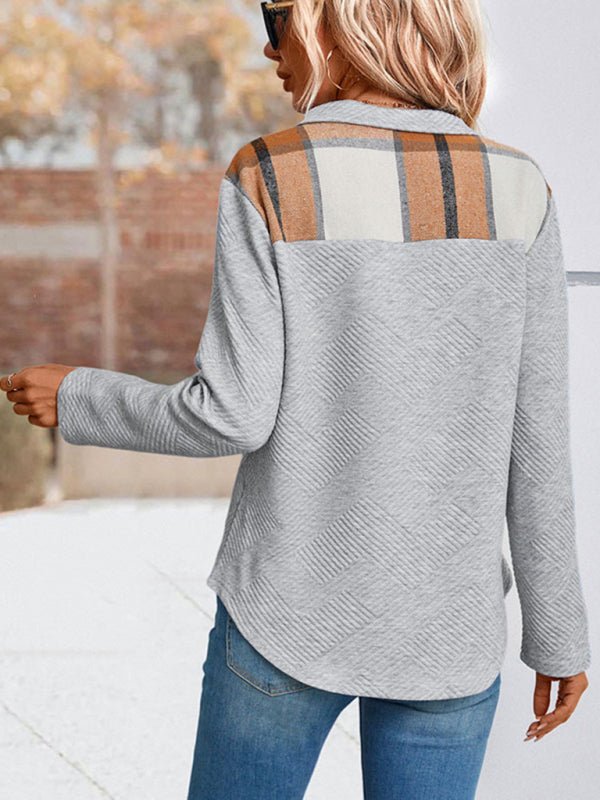 women's long sleeve plaid stitching sweatshirt - Outerwear