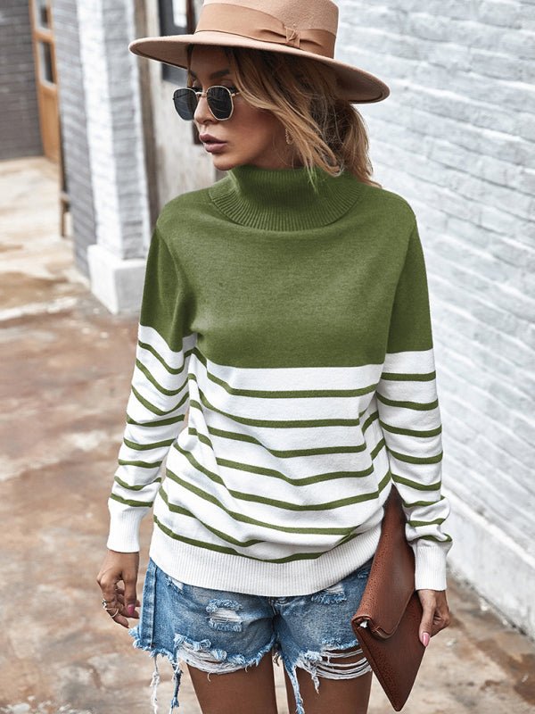 Women's Long Sleeve Turtleneck Striped Sweater - Outerwear