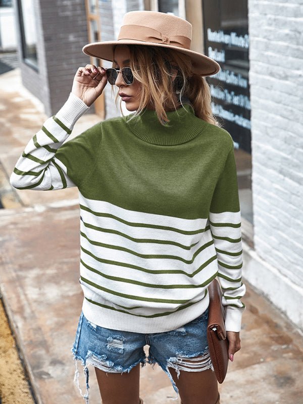 Women's Long Sleeve Turtleneck Striped Sweater - Outerwear