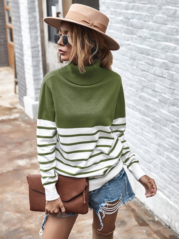 Women's Long Sleeve Turtleneck Striped Sweater - Outerwear