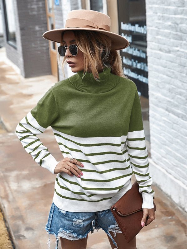 Women's Long Sleeve Turtleneck Striped Sweater - Outerwear