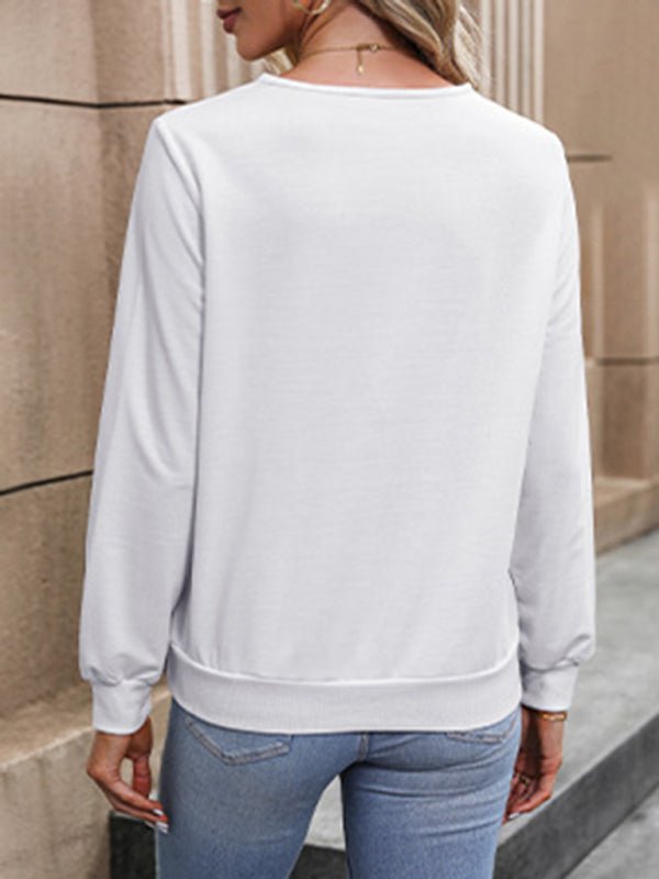Women's Long Sleeve V Neck White Sweatshirt - Outerwear