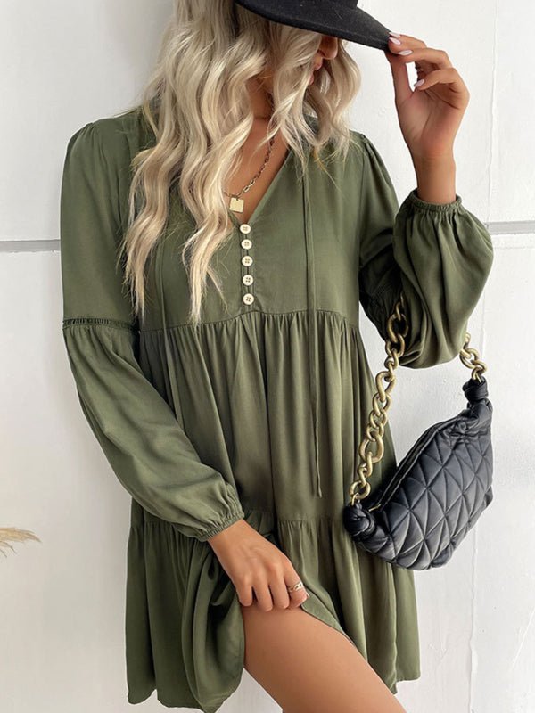 Women's long - sleeved green autumn and winter solid color foreign trade dress - Day Dress