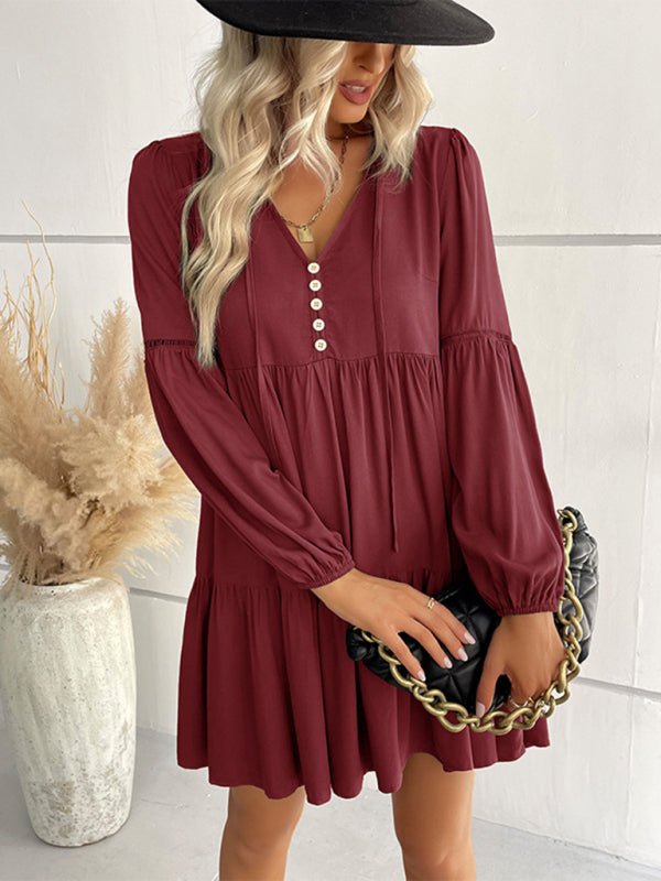 Women's long - sleeved green autumn and winter solid color foreign trade dress - Day Dress