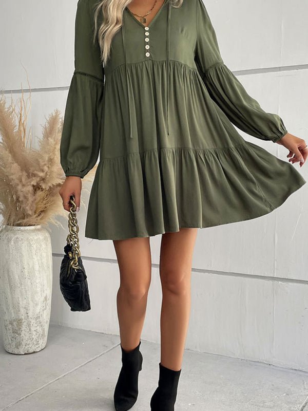 Women's long - sleeved green autumn and winter solid color foreign trade dress - Day Dress