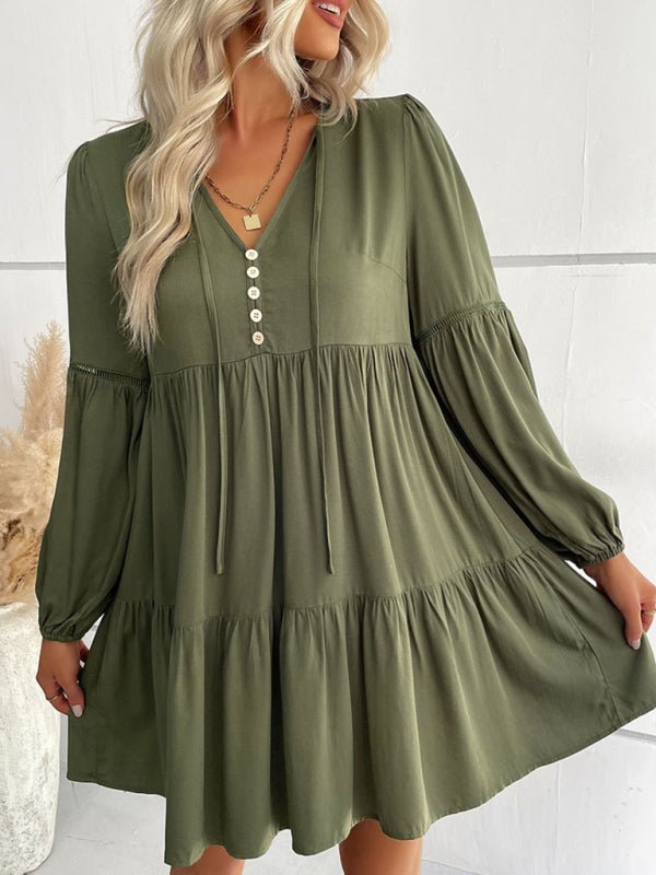 Women's long - sleeved green autumn and winter solid color foreign trade dress - Day Dress