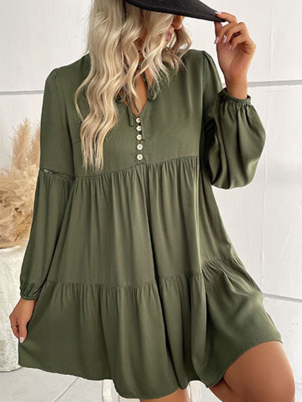 Women's long - sleeved green autumn and winter solid color foreign trade dress - Day Dress