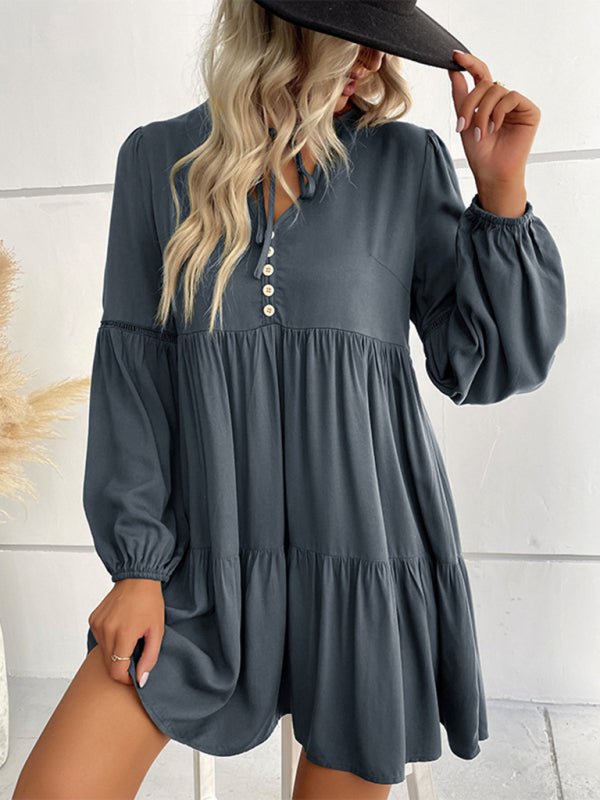 Women's long - sleeved green autumn and winter solid color foreign trade dress - Day Dress