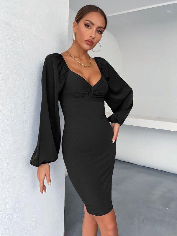 Women's long - sleeved v - neck package hip dress dress - Formal Dress