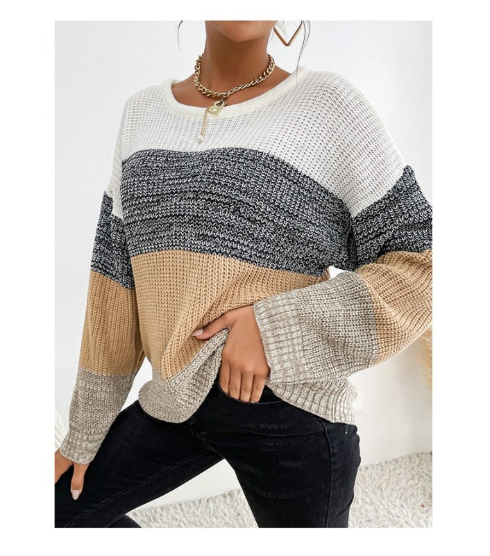 women's loose colorblock long sleeve bottoming sweater - Outerwear