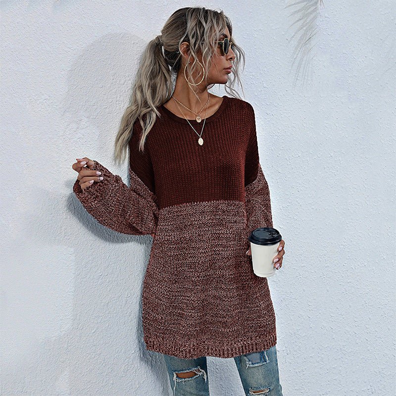 women's mid - length long sleeve knitted sweater - Outerwear