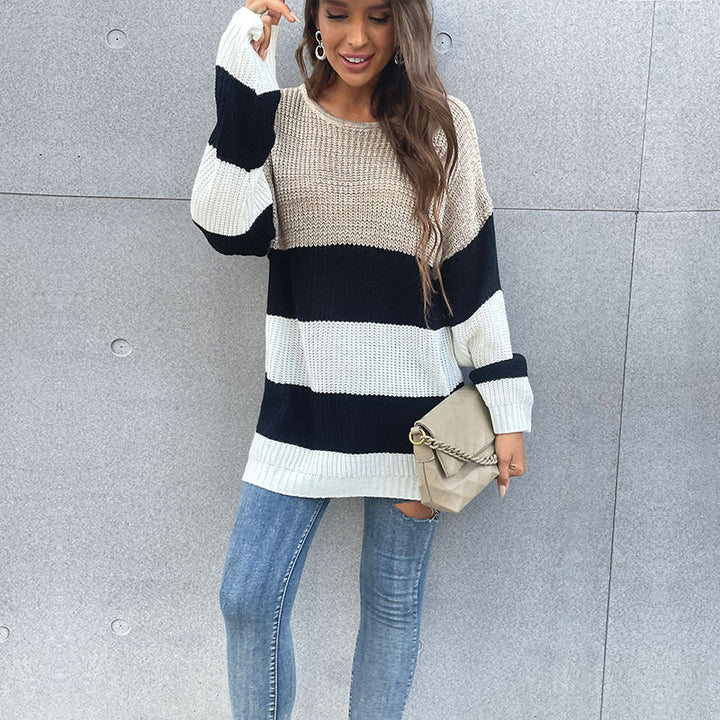 women's mid - length striped round neck knitted sweater - Outerwear
