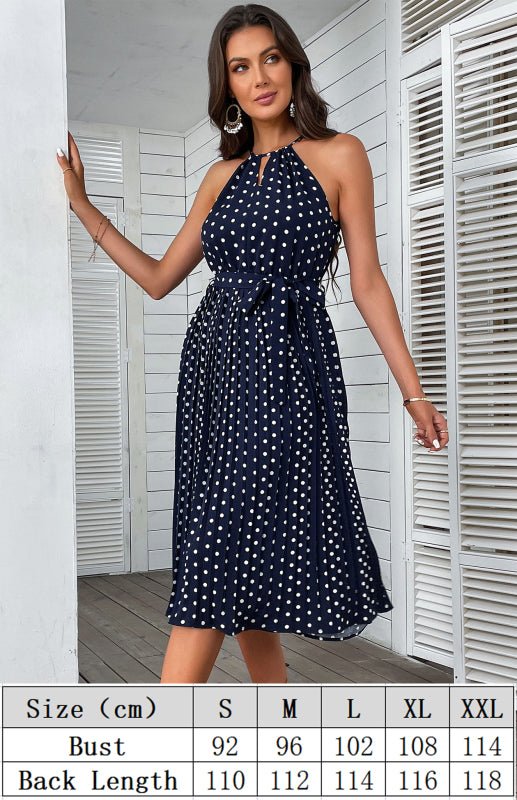 Women's Midi Dress Blue Sling Polka Dot Beach Dress - Vacation Dress