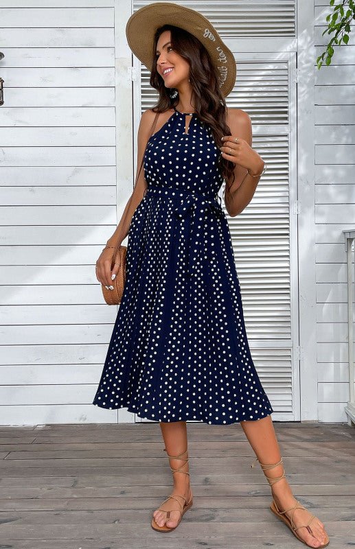 Women's Midi Dress Blue Sling Polka Dot Beach Dress - Vacation Dress