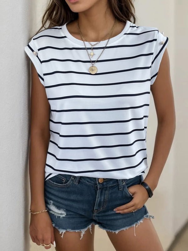 Women's new casual sleeveless striped T-shirt - Top