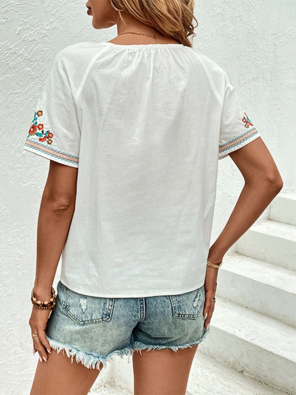Women's new casual V - neck design top embroidered shirt - Top