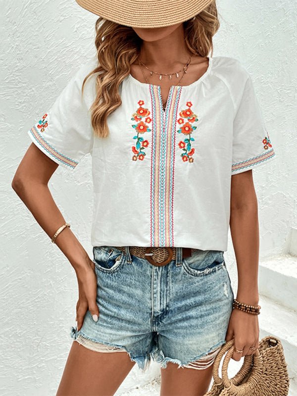 Women's new casual V - neck design top embroidered shirt - Top