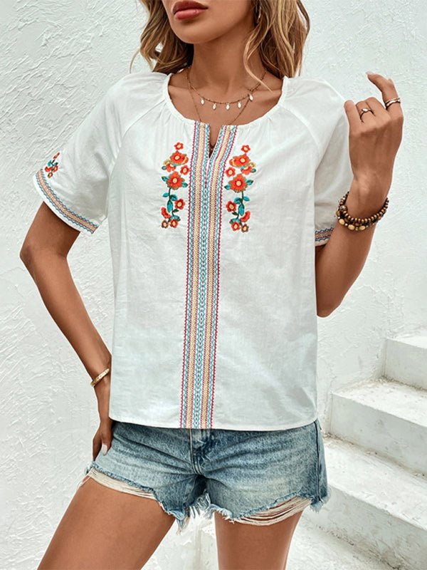Women's new casual V - neck design top embroidered shirt - Top