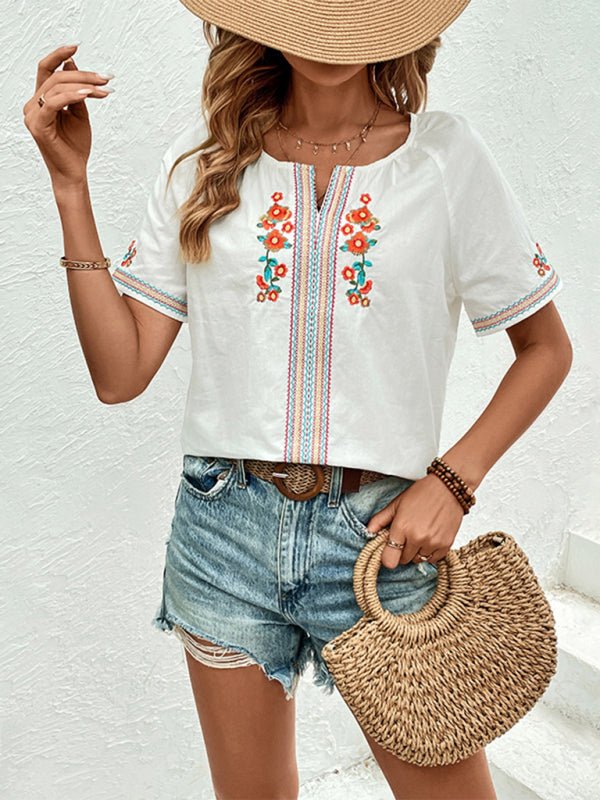 Women's new casual V - neck design top embroidered shirt - Top