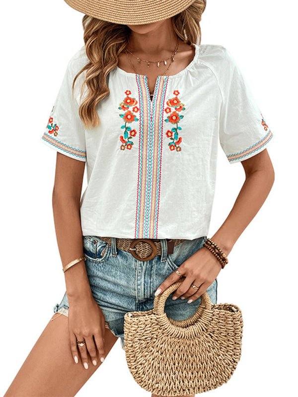 Women's new casual V - neck design top embroidered shirt - Top
