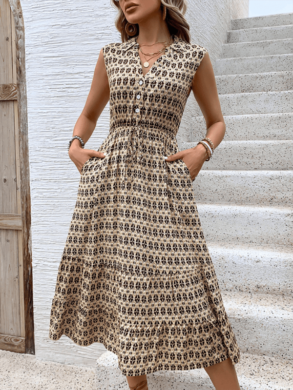 Women's New Comfortable Retro Sleeveless V - Neck High Waist Dress - Vacation Dress