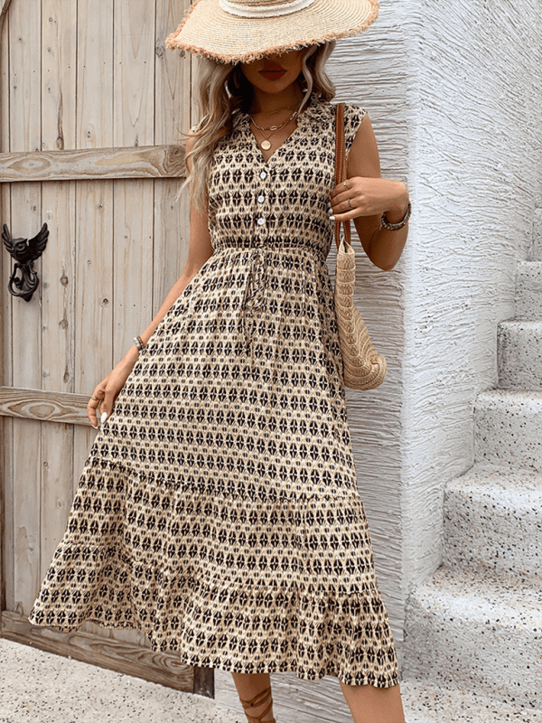 Women's New Comfortable Retro Sleeveless V - Neck High Waist Dress - Vacation Dress