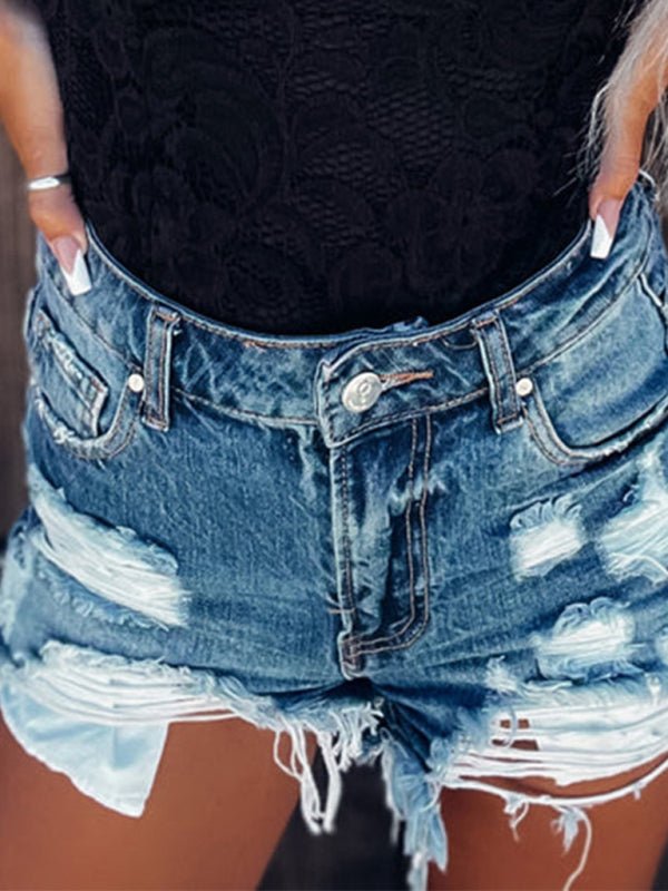 Women's new distressed high waist ripped denim shorts - Bottoms