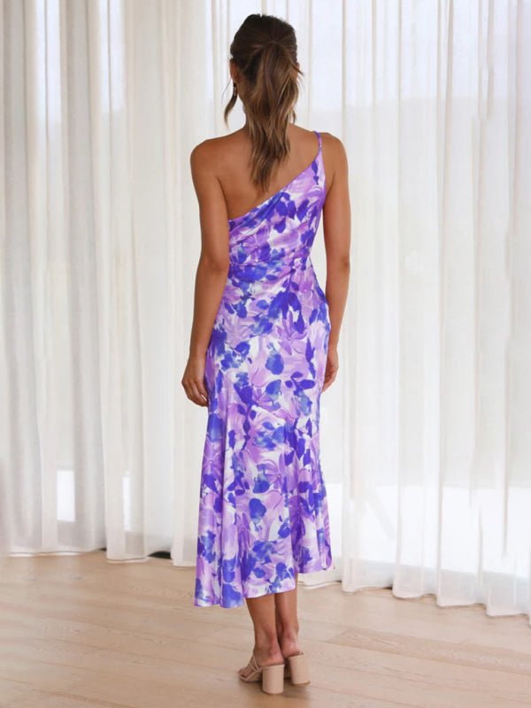 Women's new fashionable temperament slant neck suspender fishtail print dress - Wedding Guest