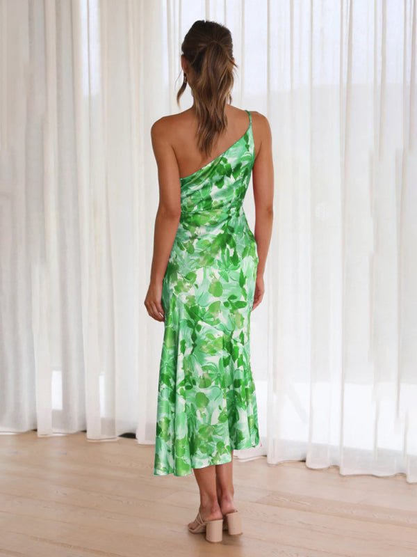 Women's new fashionable temperament slant neck suspender fishtail print dress - Wedding Guest