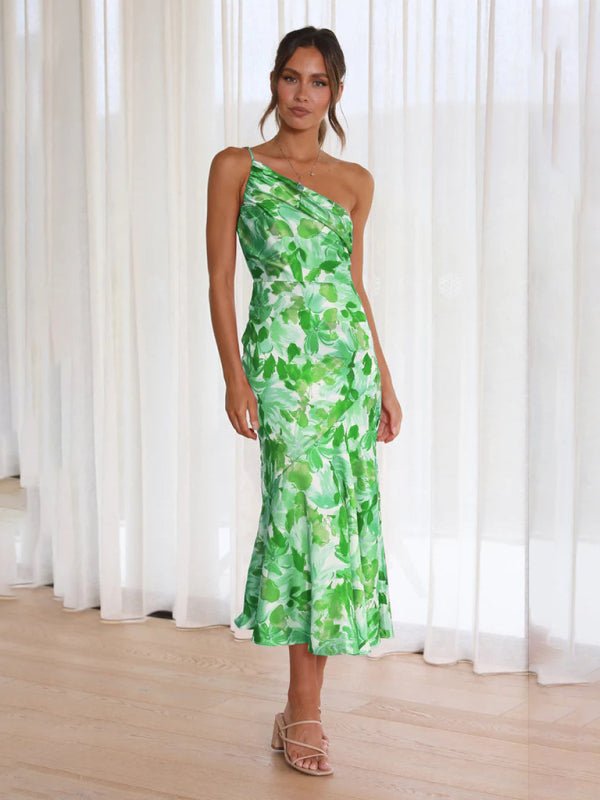Women's new fashionable temperament slant neck suspender fishtail print dress - Wedding Guest