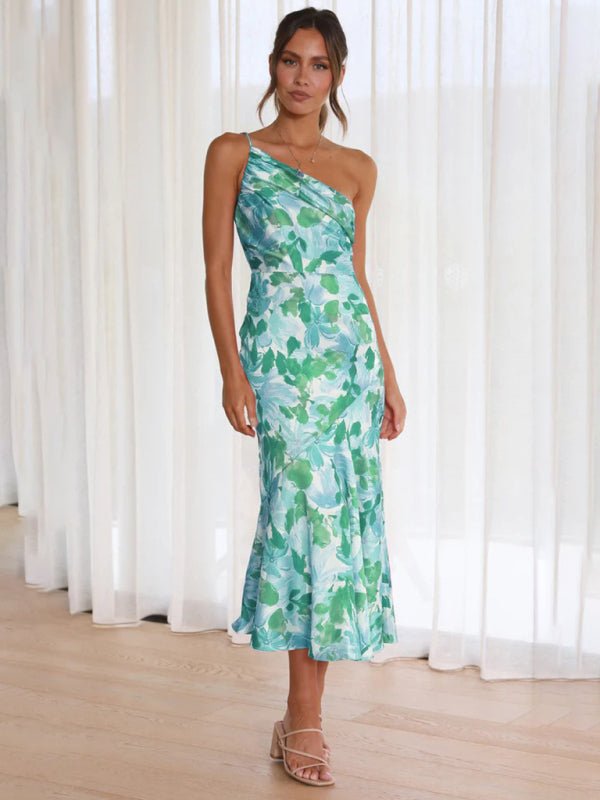 Women's new fashionable temperament slant neck suspender fishtail print dress - Wedding Guest