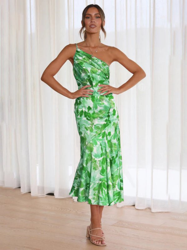 Women's new fashionable temperament slant neck suspender fishtail print dress - Wedding Guest