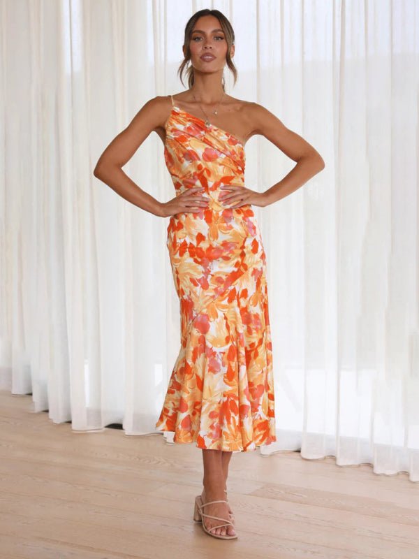 Women's new fashionable temperament slant neck suspender fishtail print dress - Wedding Guest