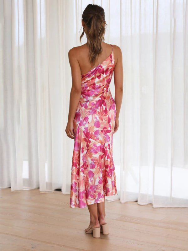 Women's new fashionable temperament slant neck suspender fishtail print dress - Wedding Guest