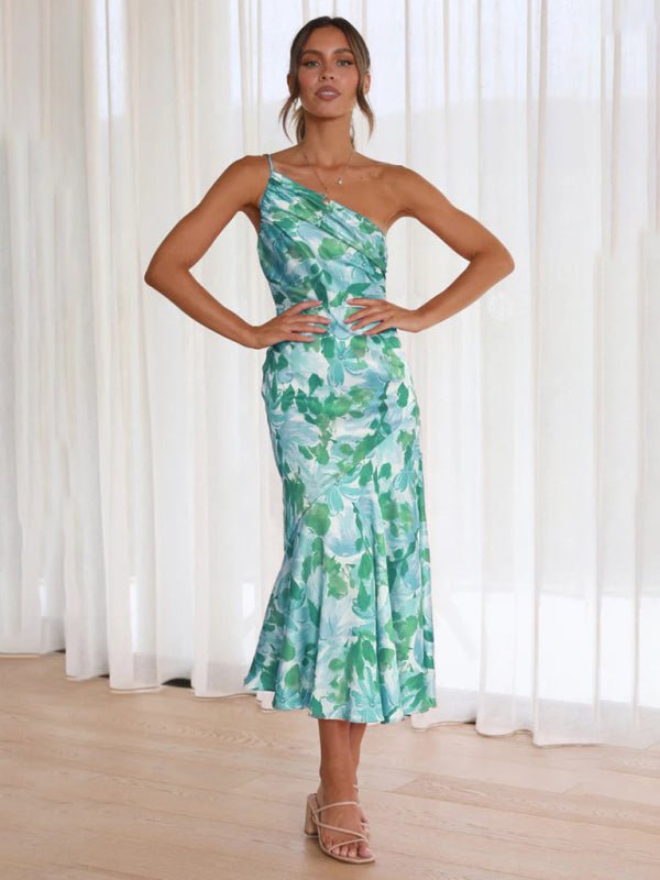 Women's new fashionable temperament slant neck suspender fishtail print dress - Wedding Guest